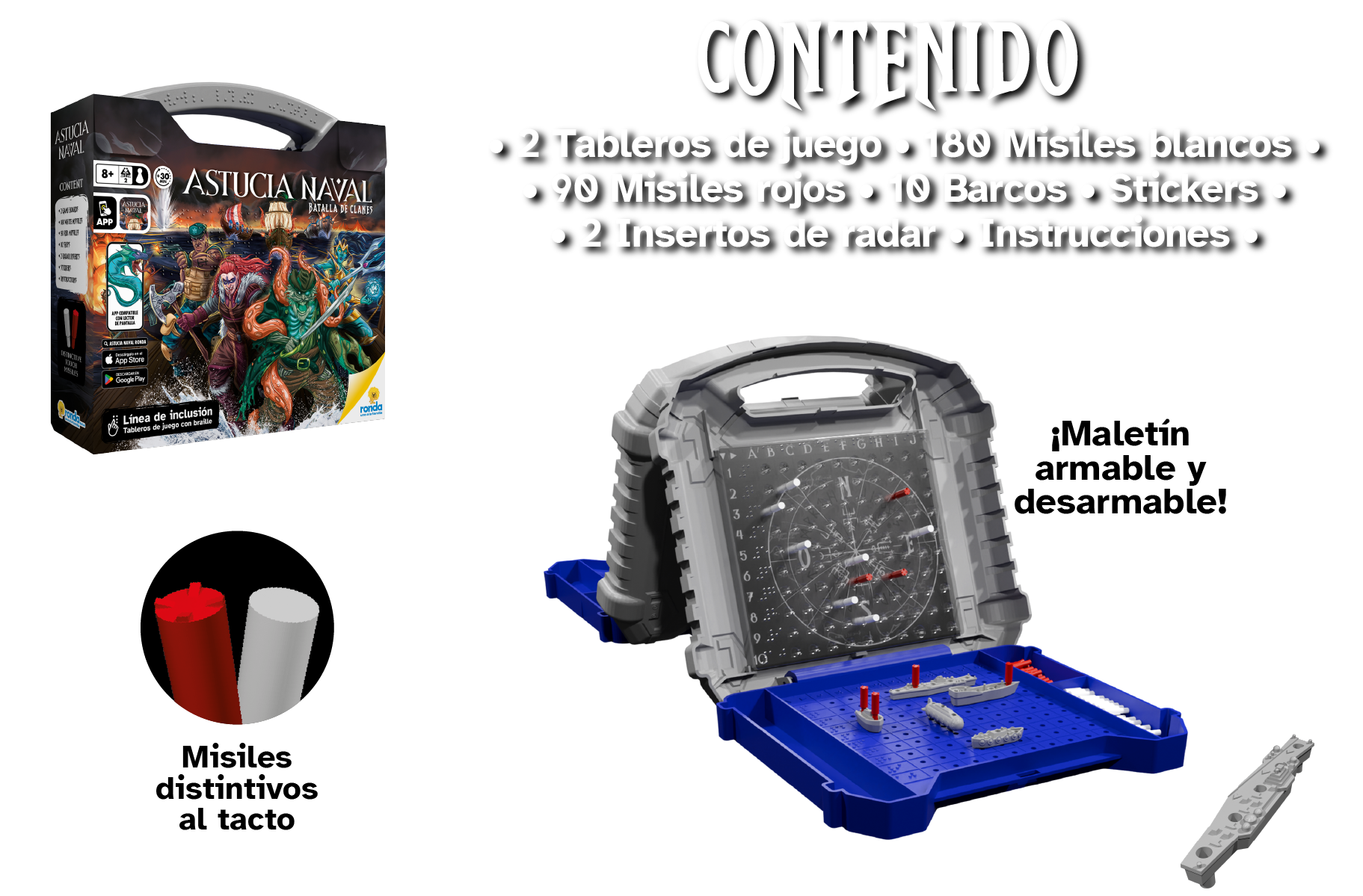 Contenido: • 2 Tableros de juego • 180 Misiles blancos • 90 Misiles rojos • 10 Barcos • Stickers • 2 Insertos de radar • Instrucciones •